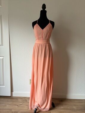 Strappy Peach Open Back Organza Maxi Dress Prom Formal Beach Wedding Guest